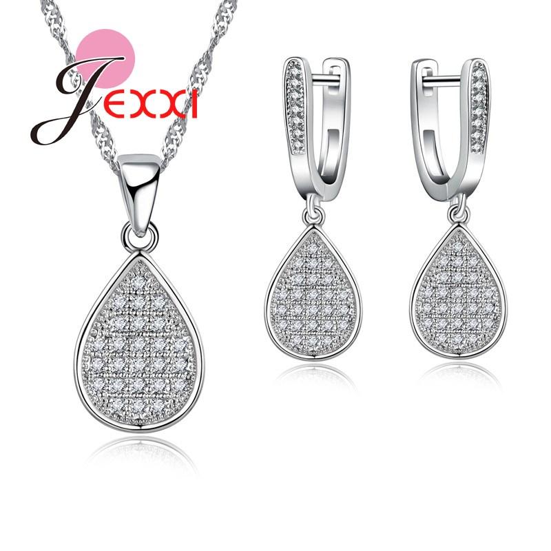 Luxury Waterdrop 925 Sterling Silver Color Cubic Zircon Crystal Pendant Necklaces Earrings Women Wedding Jewellery Set