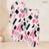 Women Plus Size Two Piece Set Long Sleeve Open Front Cardigan Round Neck Sleeveless Bodycon Dress Geometric Printed Pink Black White