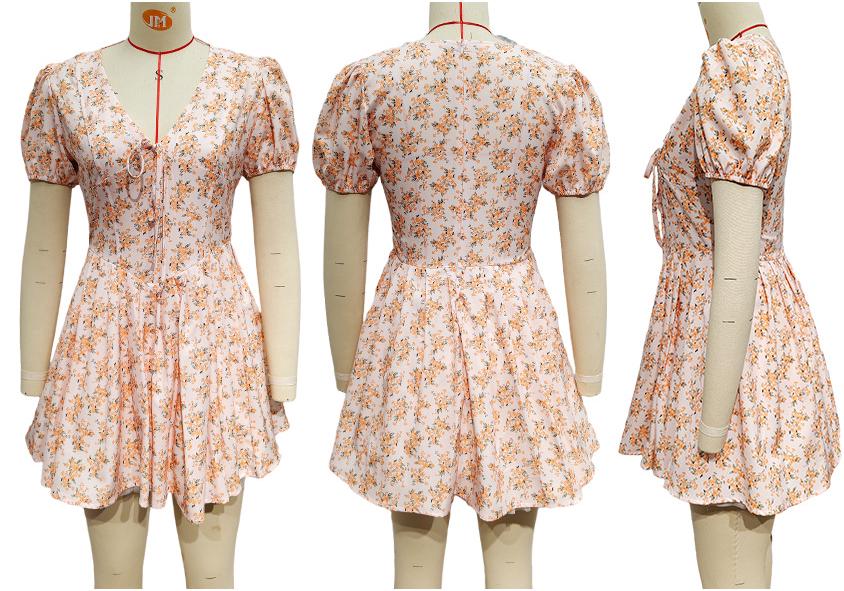 2026 Floral Puff Sleeve Summer Dress – Sweet French Style with Cinched Waist and A-line Skirt.