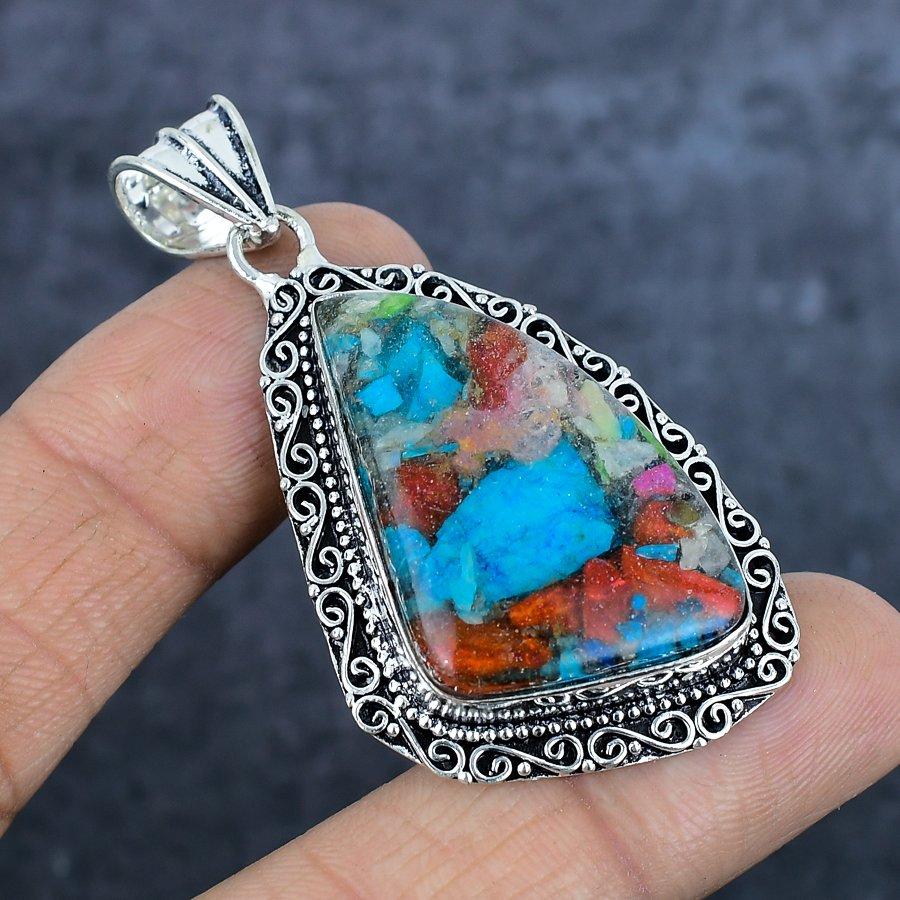 Natural Spiny Oyster Gemstone 925 Sterling Silver Jewelry Pendant 2.40" Y4c06