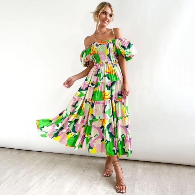 Fashion Summer Dress Women Strapless Print Pleated Short Sleeve Ankle Length