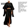 Lightweight Polyester Suit Women Summer 2 Piece Outfits, Batwing Half Sleeve Crop Top Spring Autumn And High Slit Maxi Skirt Travel Vacation Matching