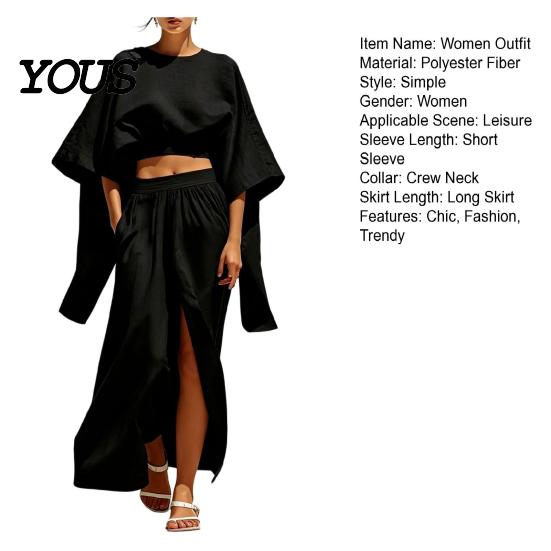 Lightweight Polyester Suit Women Summer 2 Piece Outfits, Batwing Half Sleeve Crop Top Spring Autumn And High Slit Maxi Skirt Travel Vacation Matching
