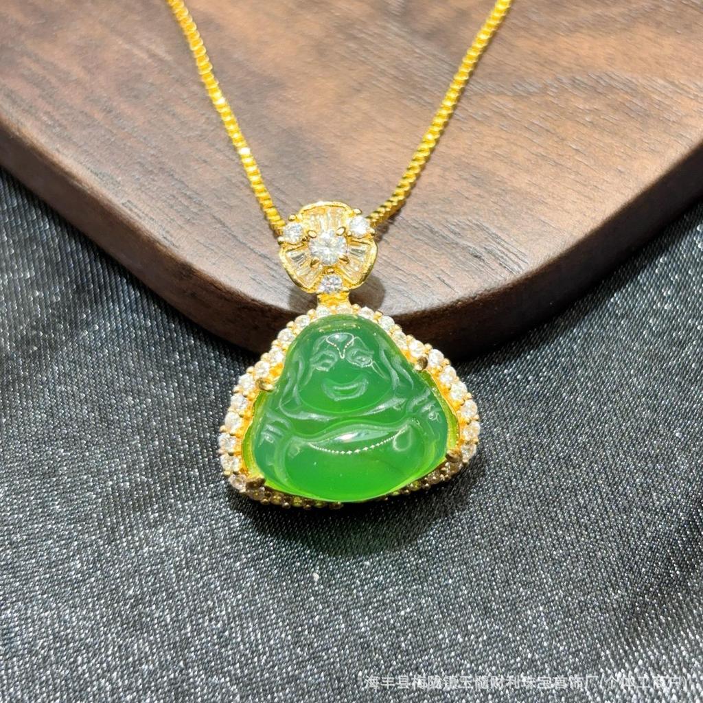 Grade A Chalcedony Agate Jadeite Smiling Buddha Pendant in S925 Silver, High Ice Green, Full Diamond with Mesh Design.