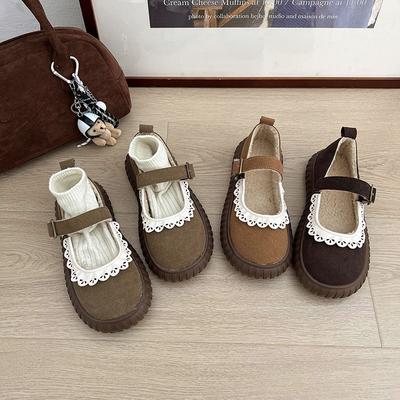 Japanese Lace Cute Round Head Velvet Warm Cotton Shoes 2025 Autumn and Winter New Versatile Light Mouth Mary Jane Shoes Women