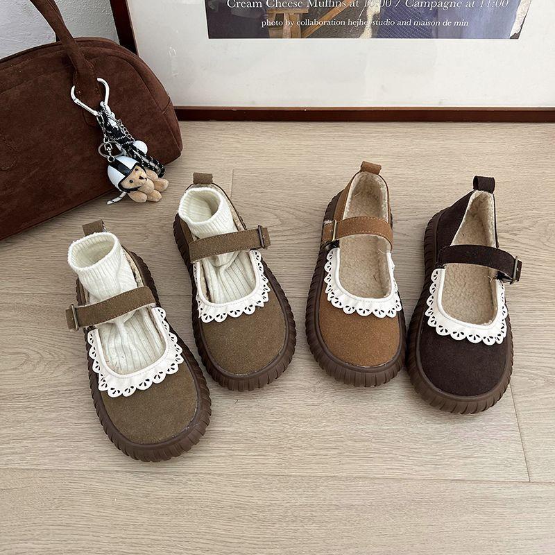 Japanese Lace Cute Round Head Velvet Warm Cotton Shoes 2025 Autumn and Winter New Versatile Light Mouth Mary Jane Shoes Women