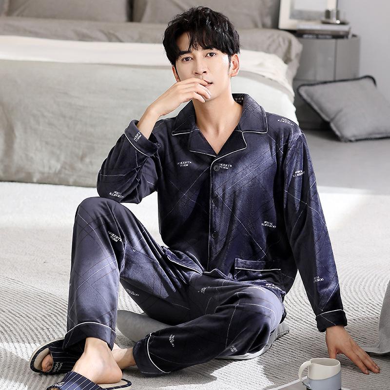 Coral Fleece Pajamas Men'S Autumn And Winter Simple Cardigan Large Size Loungewear Thin Fleece Island Fleece Warm Suit