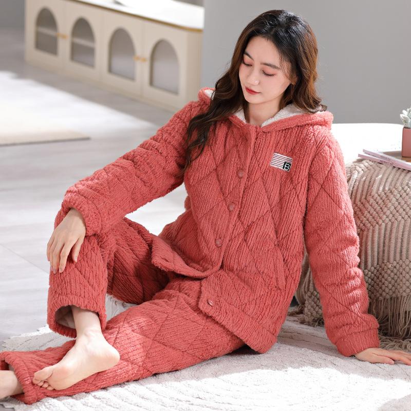 Pajamas Women'S Winter Coral Fleece Flannel Padded Jacket Three-Layer Thickened Fleece Can Be Worn Outside Loungewear Warm Suit