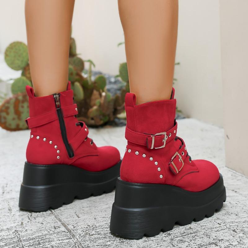 Fashion Wedge Cotton Boots Winter New Round Toe Front Lace-Up Rivet Metal Buckle Platform Anti-Slip Wear-Resistant Short Shoes