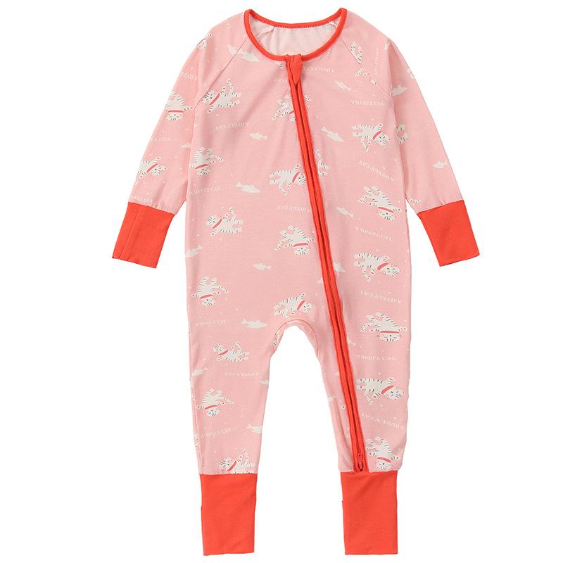 Baby Bamboo Fiber Romper Long Sleeve Double Zipper Footed Pajamas for Spring Autumn Winter