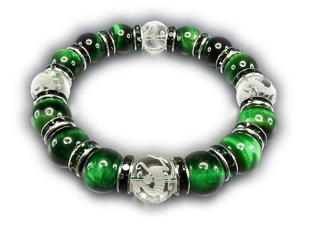 isigaii Natural Green Tiger Eye Crystal Hand-Carved Four Gods Rondelle Bracelet, Approx. 12mm, Power Stone