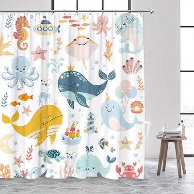 Rideau de douche sous-marin 180x180cm – Animaux marins ludiques pour la salle de bain des enfants, Décor aquatique fantaisiste, 12 Crochets