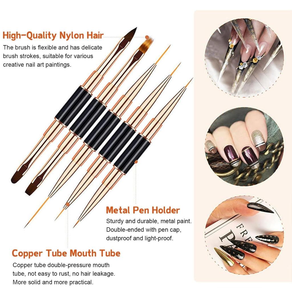 5Pcs Nail Art Brushes Set Double-Ended Professional Gel Polish Nail Art Design Painting Tools for Nail Salon Home DIY