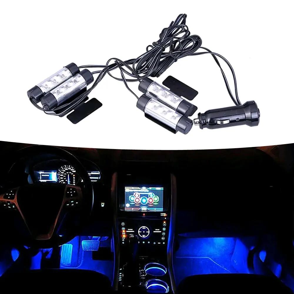 1Set Car Interior 4x3 LED 12V 4W Lighting Decorative 4in1 Blue Inside Atmosphere Light  Car Charge Foot Lighting Car Lights