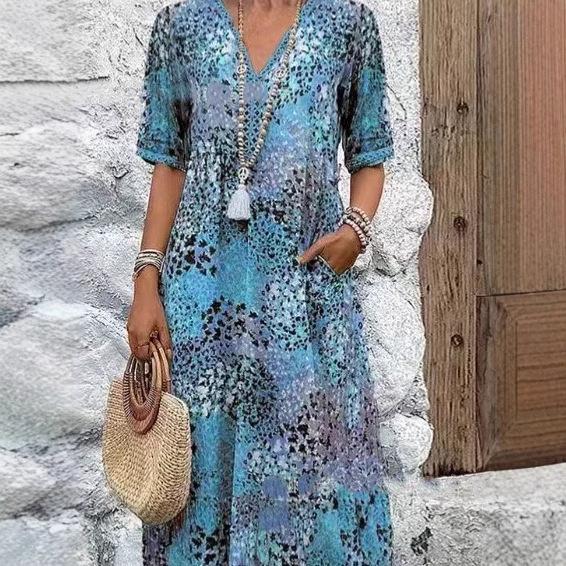 2025 European & American Fashion V-Neck Lace Print Short Sleeve Dress