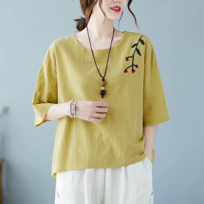 Cotton and Linen Short-sleeved Top for Women In Summer New Large Size Retro Style Embroidered Linen Loose Casual T-shirt