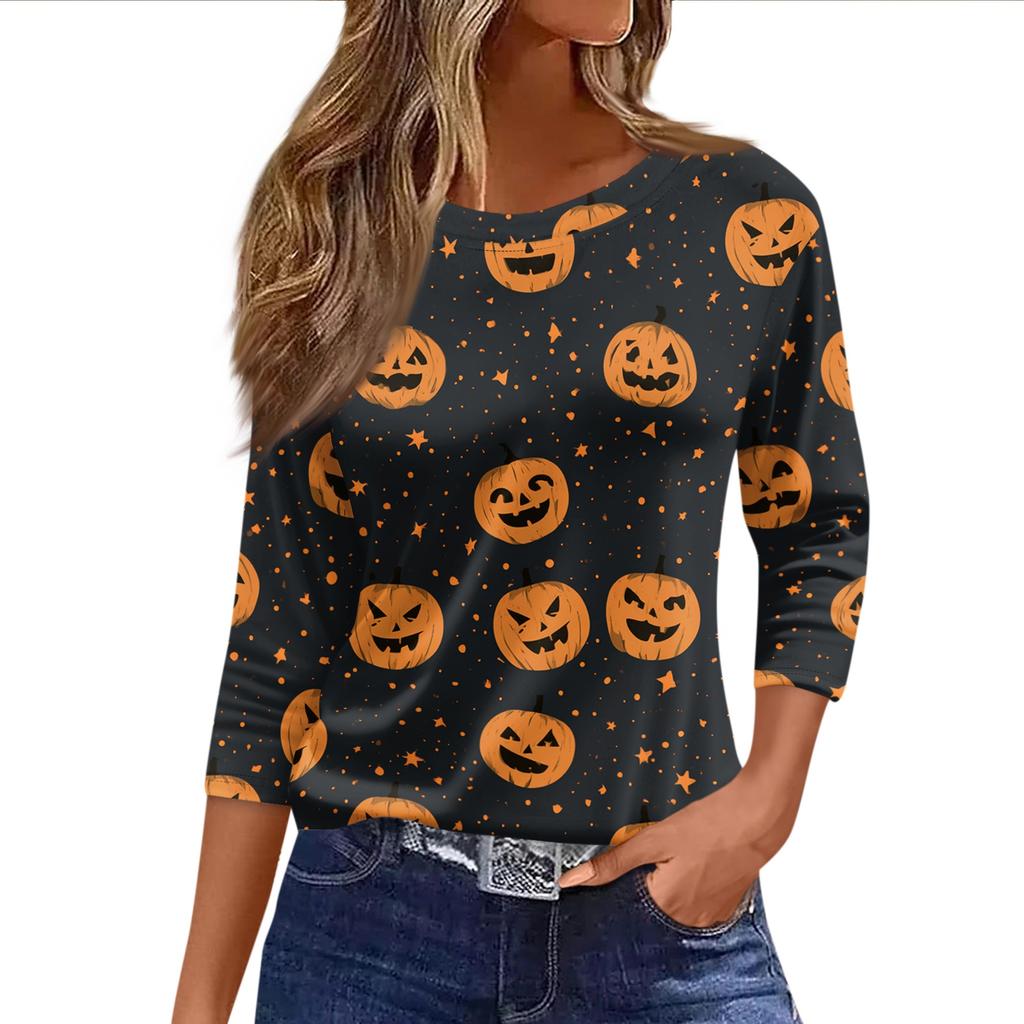 Women's Fashion Casual Short Sleeve Neck Top with Halloween and Pumpkin Print