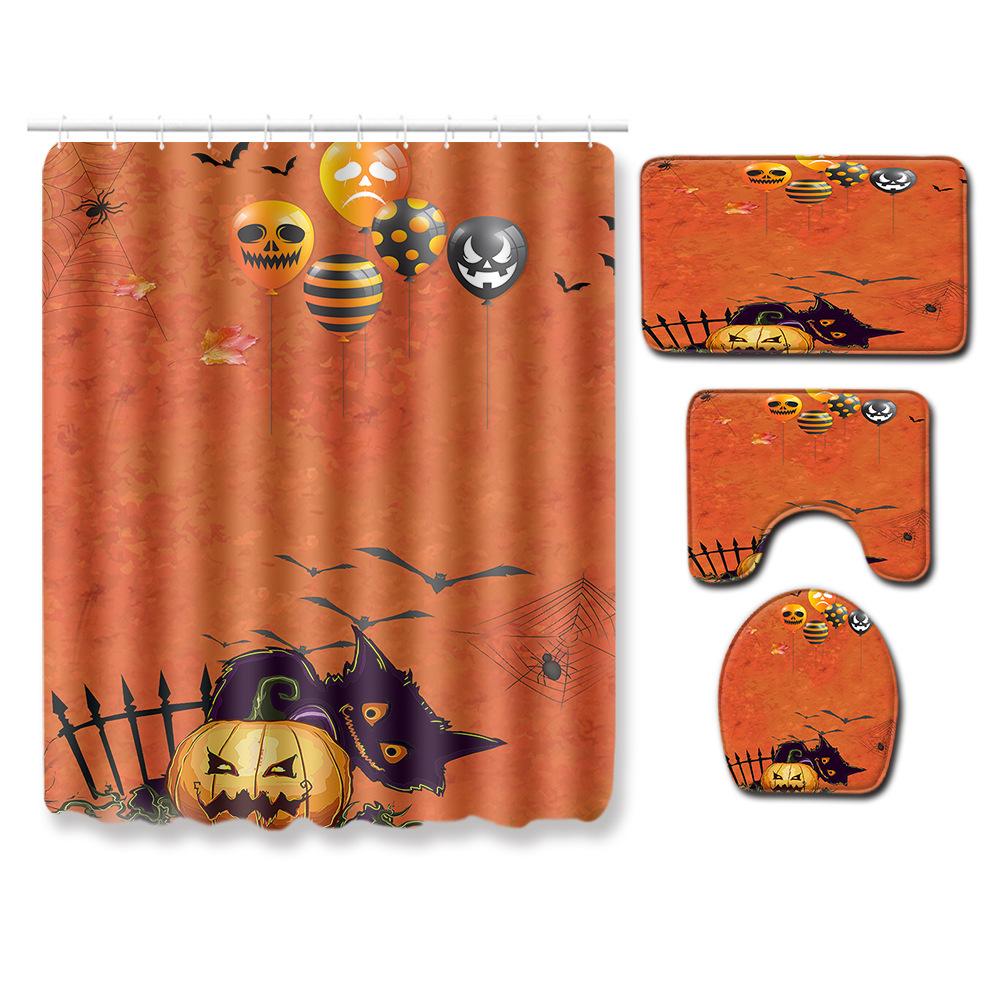 Halloween Shower Curtain Floor Mat Combination Four-Piece Set Bathroom Toilet Carpet Shower Room Mat Foot Mat