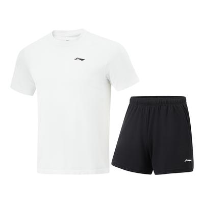 Li Ning Table Tennis Series Short Sleeve Round Neck Top Cool Elastic Bottoms Casual Sports Suit Unisex Suit White AATV019-3