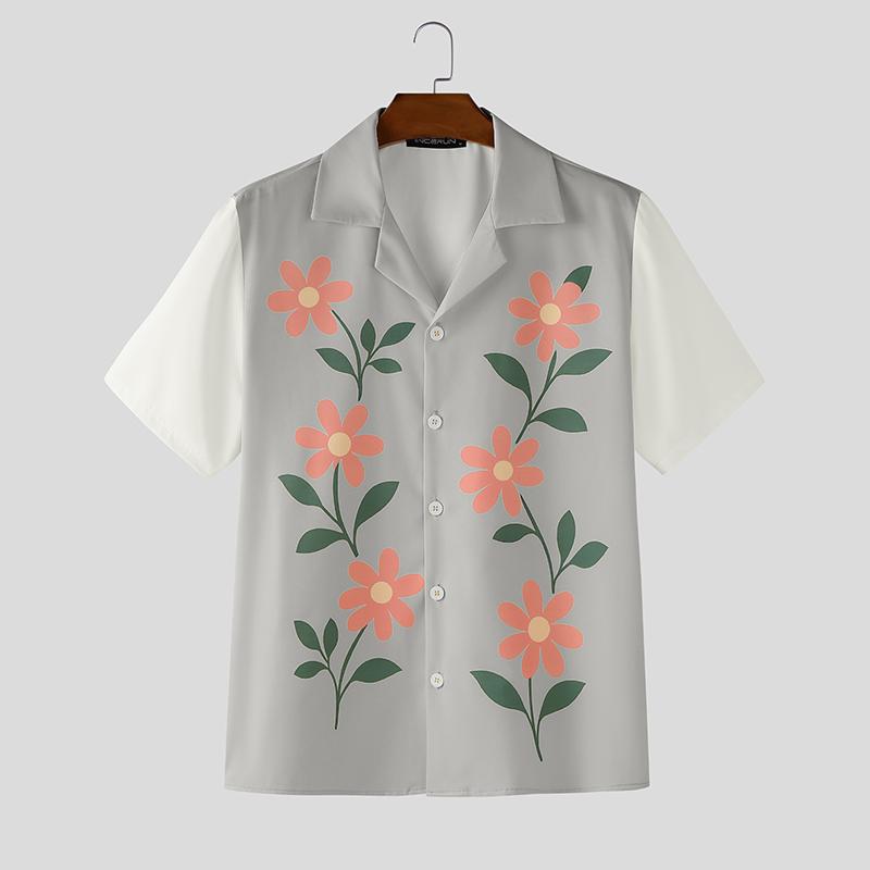 INCERUN Men Lapel Neck Short Sleeve Button Down Floral Print Stitching Casual Shirts Tops
