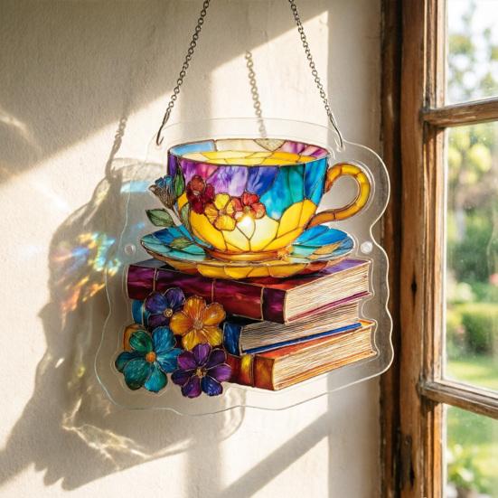 Floral Tea Cup And Book Suncatcher, Stained Glass Effect Window Hanging Ornament, DIY Acrylic Sun Catcher Puzzle Kit for Garden