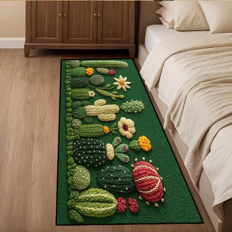 1pc 2d Cactus Pattern Bedside Rug Non Slip Floor Mat Flannel Carpet Machine Washable for Bathroom Kitchen Bedroom Home Decor