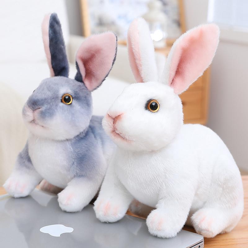 Kawaii Rabbits Plush Toy Simulation Animal Cute White Grey Bunny Doll Real Life Model Props Girls Kids Birthday Gift