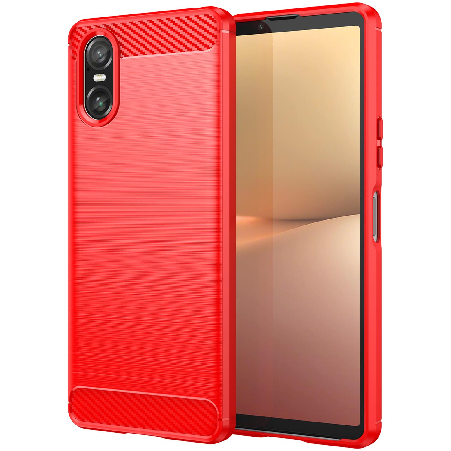 

For Sony Xperia 10 VI Case Anti-Fingerprint Carbon Fiber Texture TPU Cover Red