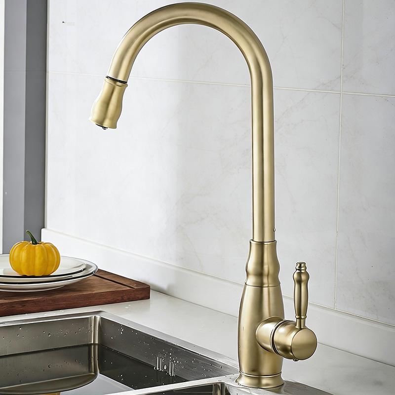 Elegant European-Style Brass Kitchen Faucet with Pull-Out Sprayer for Hot and Cold Water