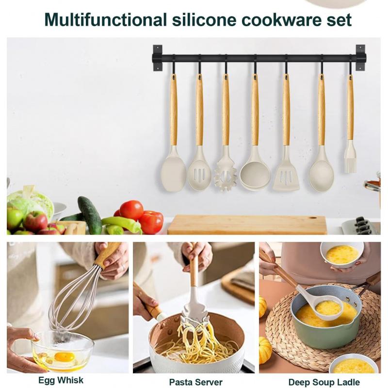 Cooking Utensil Set - 33 Piece Non-Stick Silicone Kitchen Utensil Kit with Wooden Handle, Bating Brush, Egg Beater, Tongs.