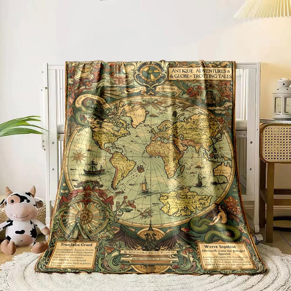 Retro Antique World Map Art Poster Multicolor Warm Blanket, Cozy Fleece Throw for Family Nights, Super Soft Fleece Blanket for All Seasons