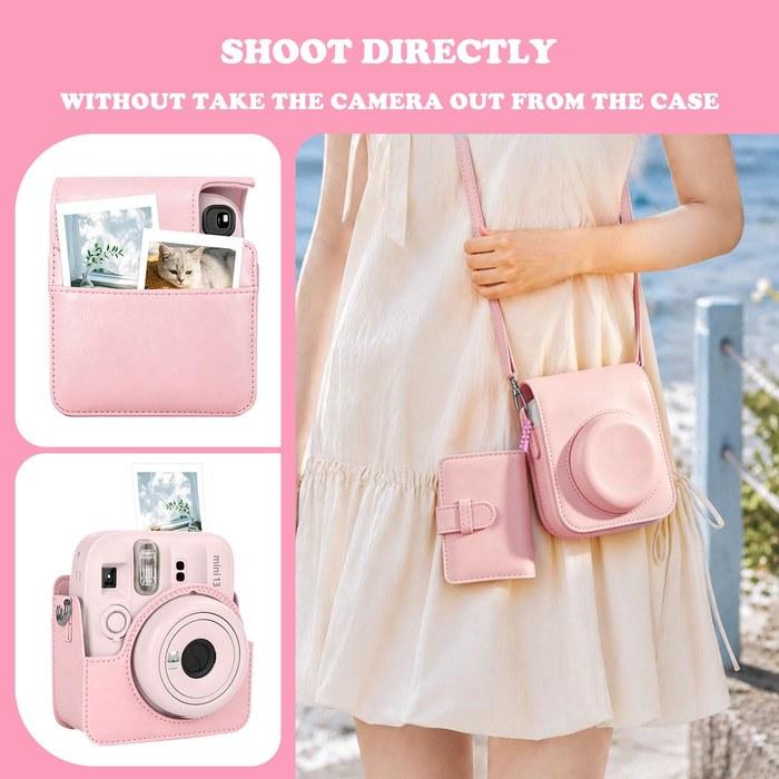 [HIYQIN] Instax Mini 13/12 PU Leather Protective Case Instant Camera Accessory Kit Pink