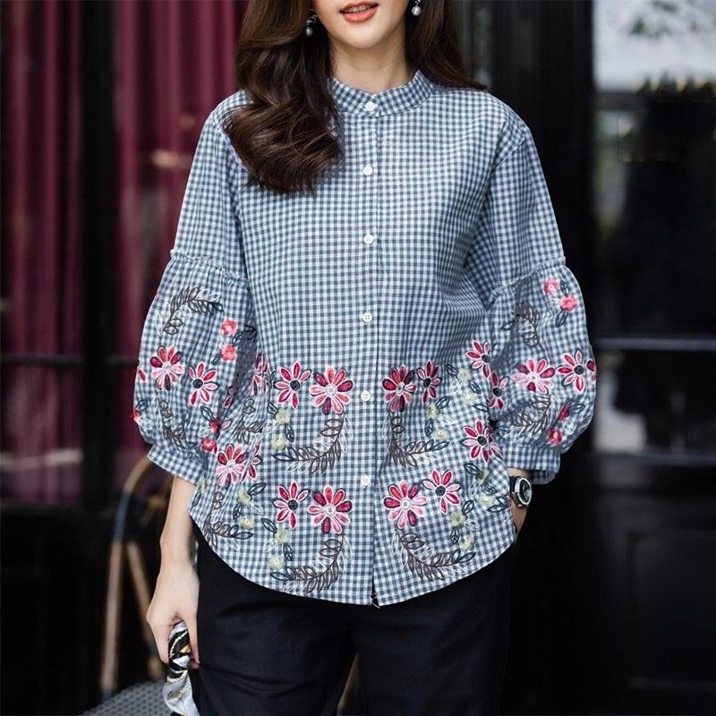 ZANZEA Women Casual Stand Neck Loose Plaid Print 3/4 Sleeve Blouse