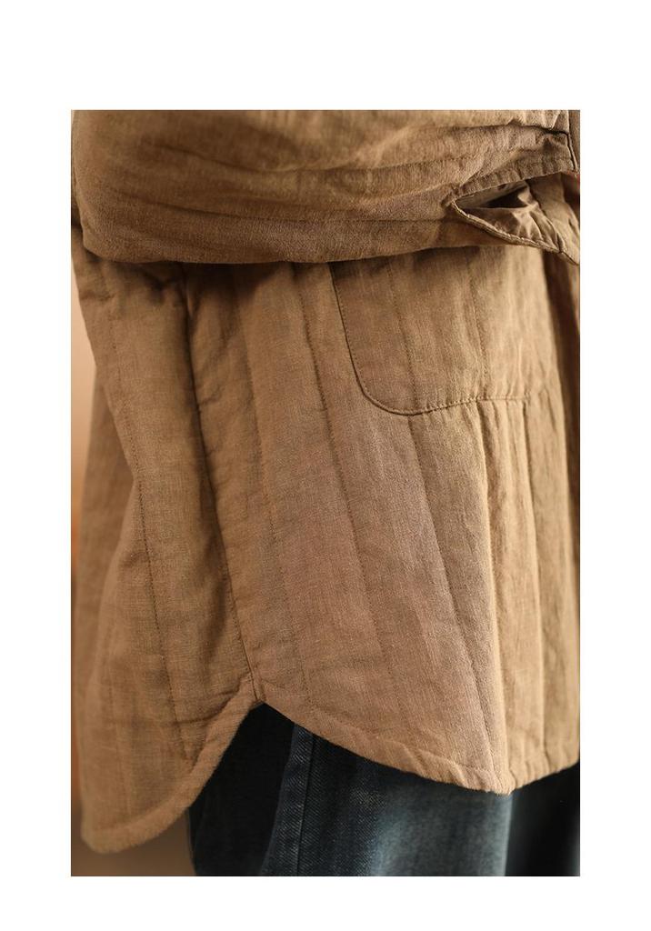Women's Sand-Washed Linen Quilted Cotton Jacket with Large Pockets - Winter Mid-Length Style, Thickened and Warm.