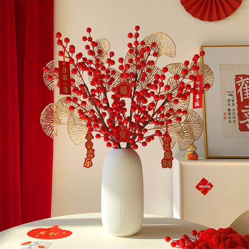 Winterberry Red Berries Artificial Flower Arrangement - New Year Housewarming Decoration for Living Room Ornaments