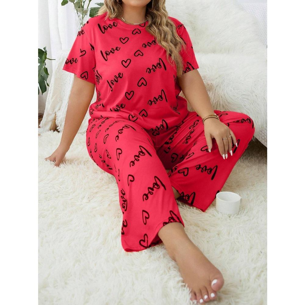 Plus Size 3XL 4XL 5XL Sleepwear Heart Letters Print 2 PCS Pajama Set Women's Casual Short-Sleeve Top and Pants Loungewear