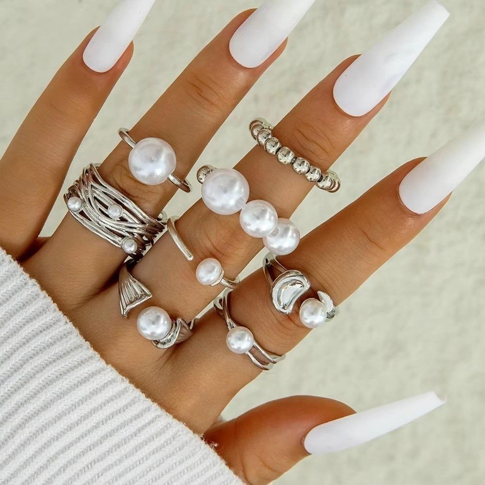 6/8/12 pcs/set Zinc Zinc Alloy Imitation Pearl Ring Irregular Design Floral Ring Geometric Baroque Ring  Women Sliver Pearl