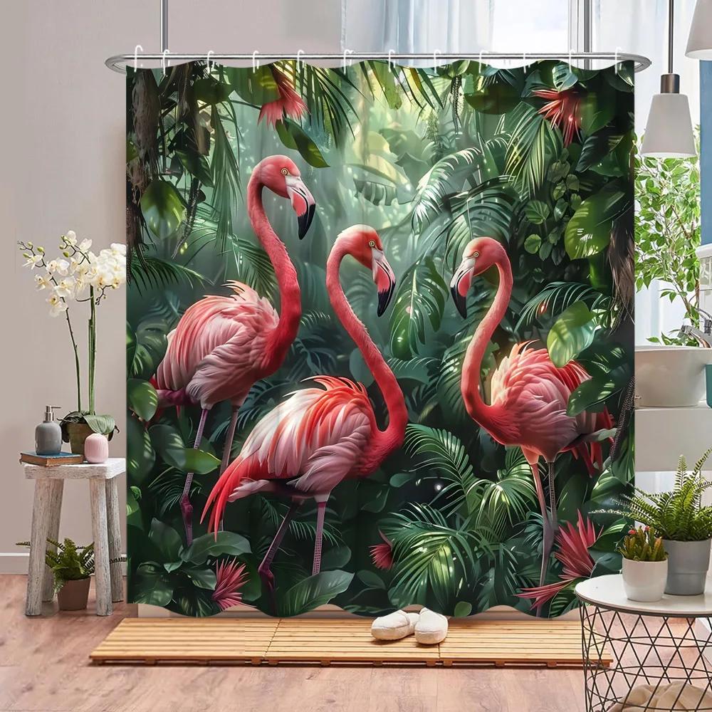 Papagei Duschvorhang Tukan Tropische Pflanze Tier Blume Blatt Ozean Flamingo Cartoon Polyesterstoff Badezimmerdeko Vorhänge