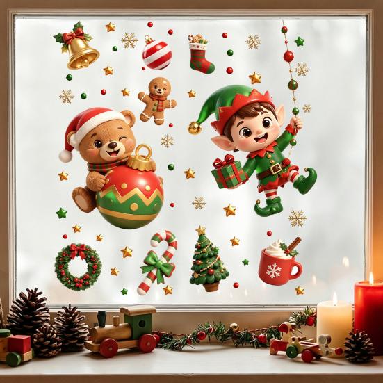 Holiday Atmosphere Window Films 2PCS Christmas Static Sticker, Cute Cartoon Elves And Bears Reusable Seasonal Art Print, PVC Glass Stickers