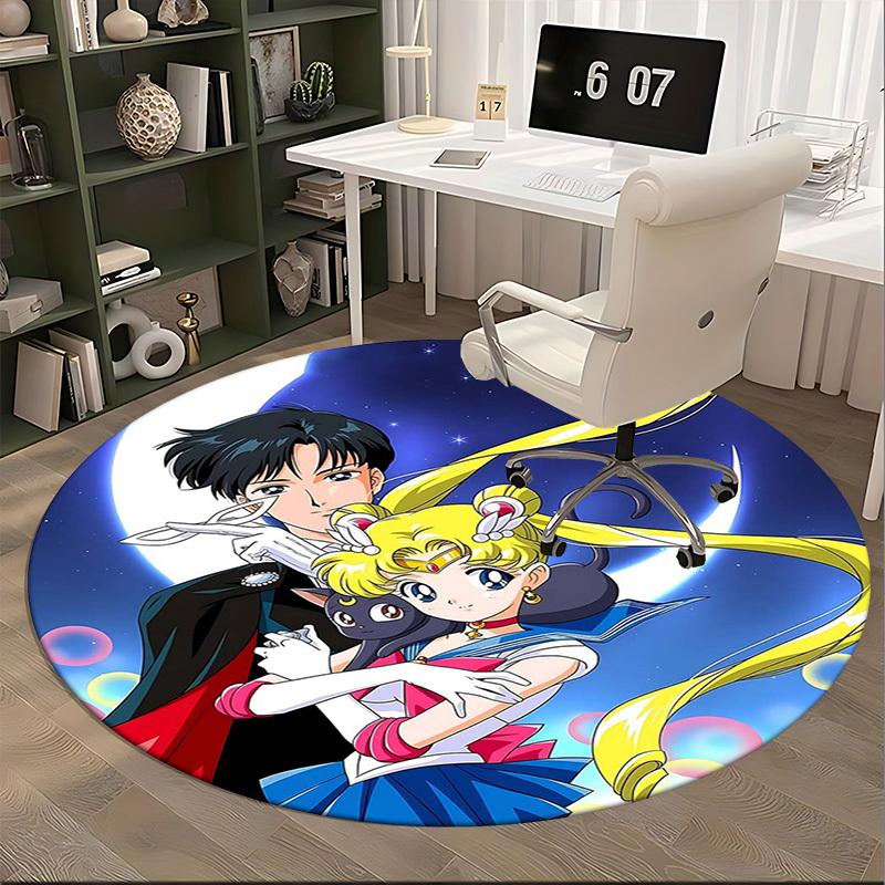 1pc Sailor Moon Anime Cartoon Design Round Carpet  Office Chair Mat, NonSlip Rug for Home Decor, Living Room, Bedroom, Game Room