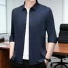 Men Shirt Lapel Long Sleeve Single Breasted Shirt Tops Pure Color Elastic Fabric Lightweight Breathable Shirt Daily Wear