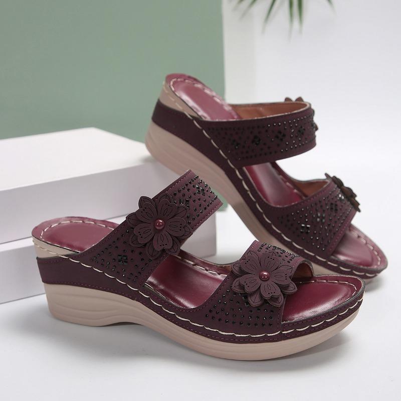 Large Size Summer New Retro Casual Flower High Heel One-character Women's Wedge Heel Slippers Shoes