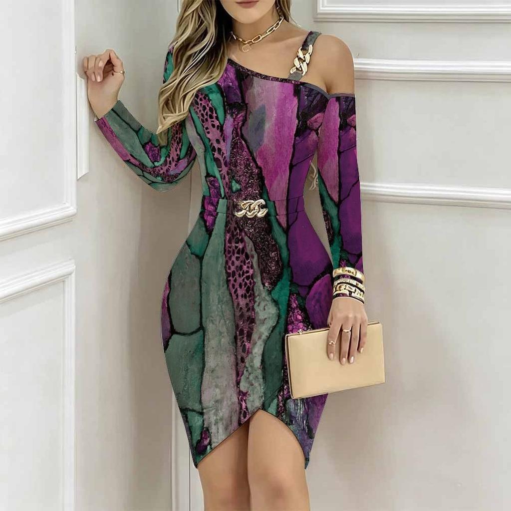 Women Plus Size Asymmetric Cold Shoulder Long Sleeve Beige Gold Marble Print Irregular Wrap Bodycon Midi Dress