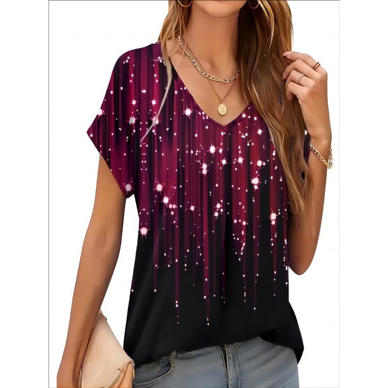 2026 New Summer Women T-shirt 3d Fashion Print Gradient Harajuku T Shirt Oversized Tee For Ladies Clothing New Short Sleeve V-Ne