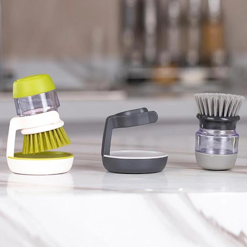 Soap Dispenser Palm Dish Brush Equipped with Storage Bracket Bowl Cleaning Tool with Drainage Base Kitchen Utensils for Cookware