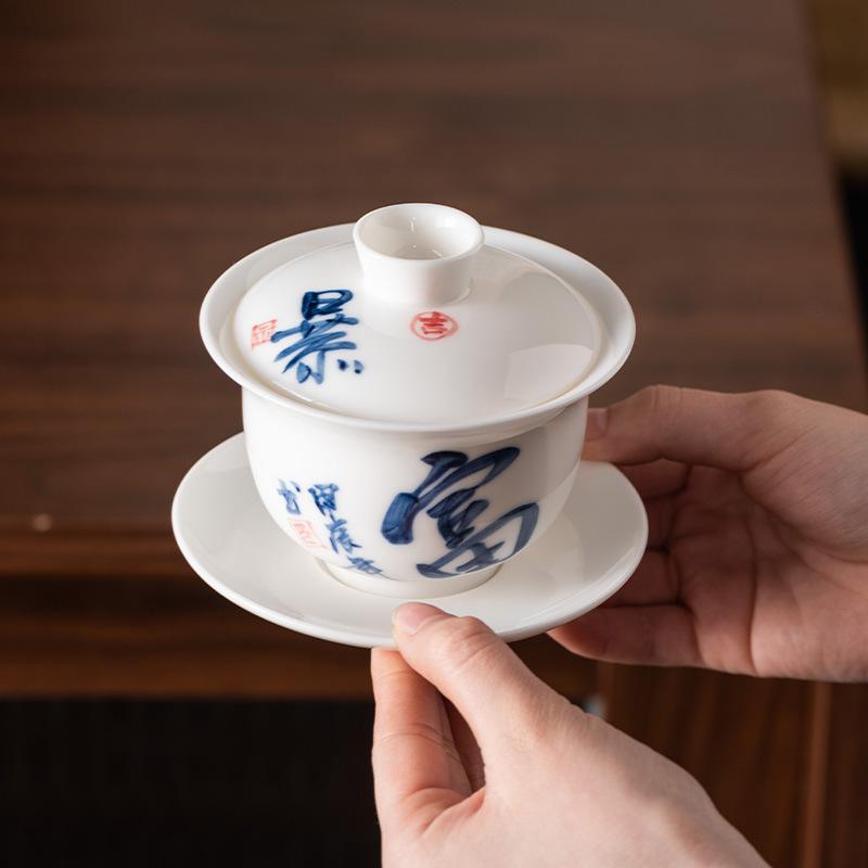 Hand-painted Suet Jade Porcelain Three Talents Cover Bowl Teacup Kung Fu Tea Set Tea Bowl Modern Creative Large-capacity Gifts