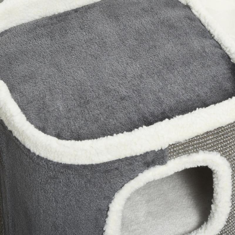 Cat tree scratching barrel with 3 levels, chipboard, velvety polyester, sisal, grey+white, 40x40x74cm