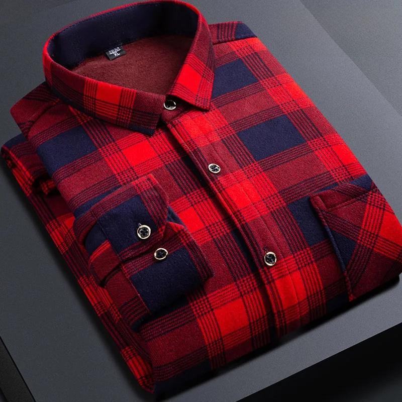 

Korean Style Men s Warm Fleece Lined Thick Long Sleeve Plaid Casual Slim Fit Shirt Fashionable Winter Clothing XL