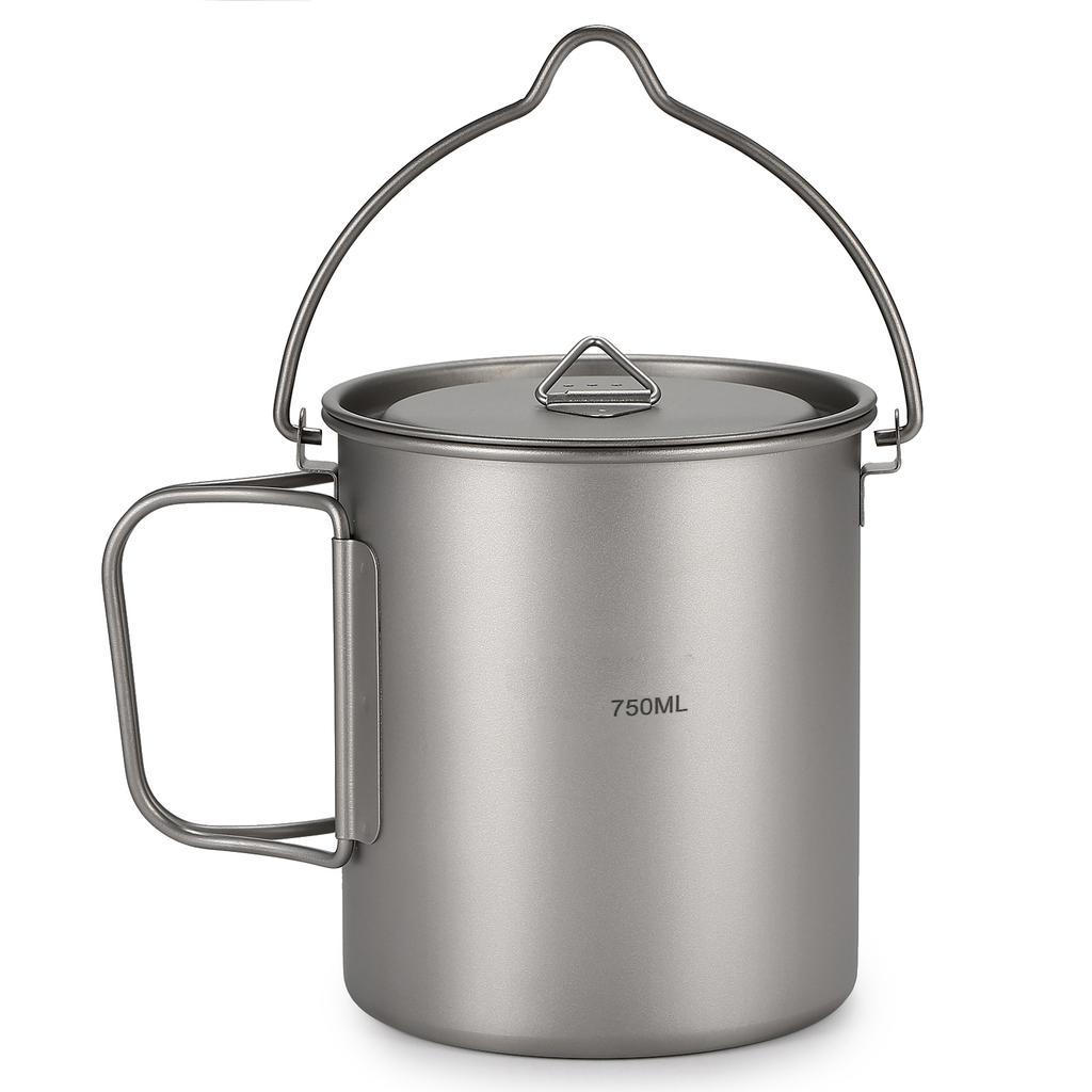 Ultraleichter 750ml Titan Topf Tragbarer Titan Wasserbecher Tasse mit Deckel und Klappgriff Outdoor Camping Kochen
