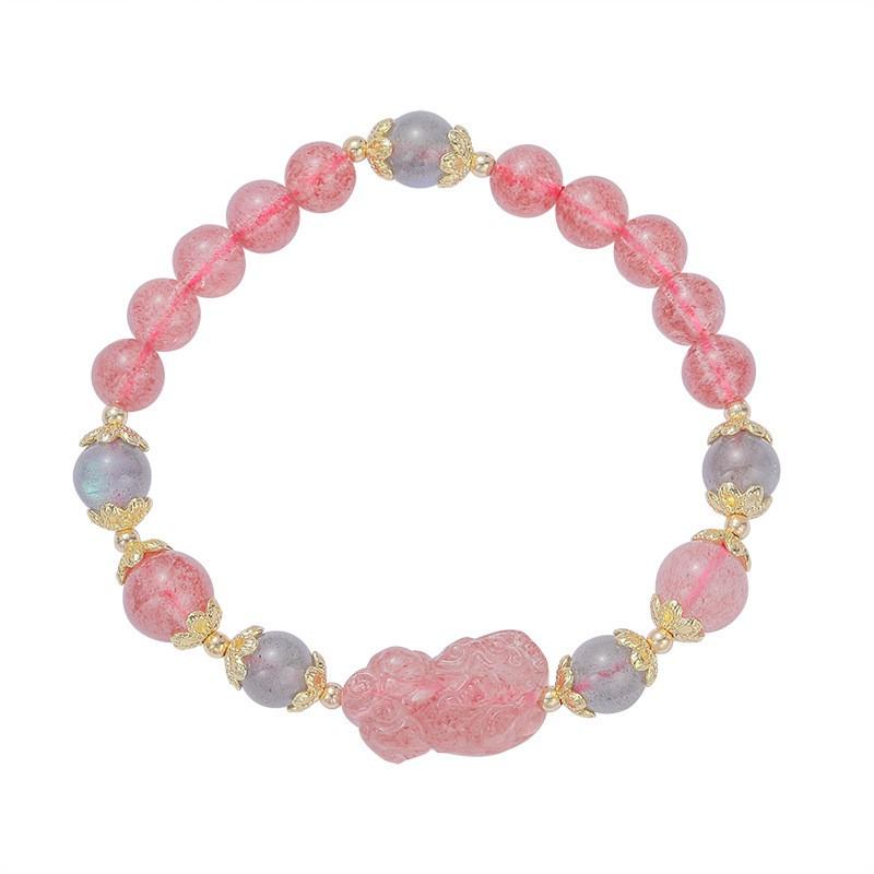 Strawberry Quartz Beaded Bracelet With Matte Gray Moonstone Engraved Pixiu Charm Women Elegant Minimalist Style